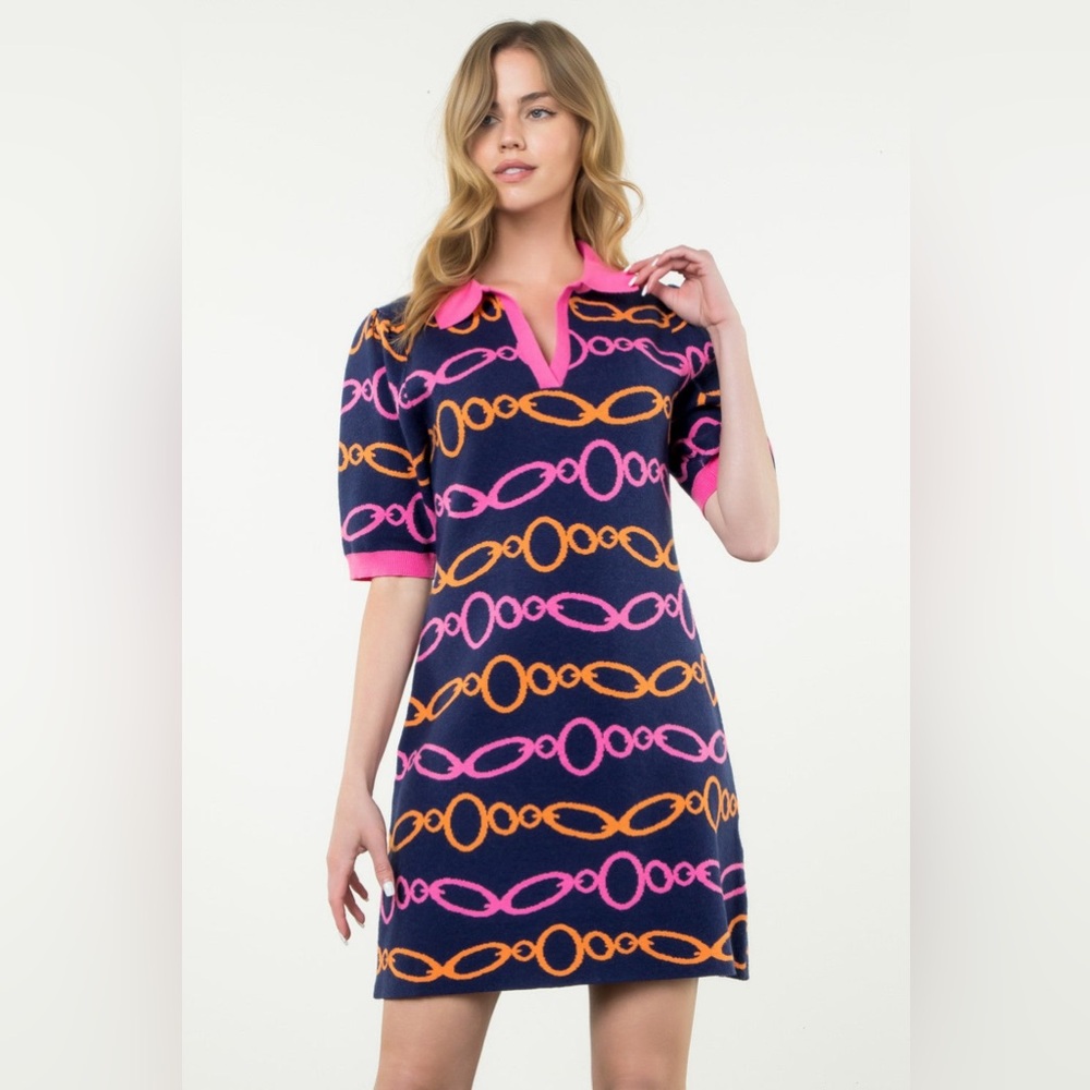 THML. Chain Reaction Knit Polo Dress. Navy. Size Medium.